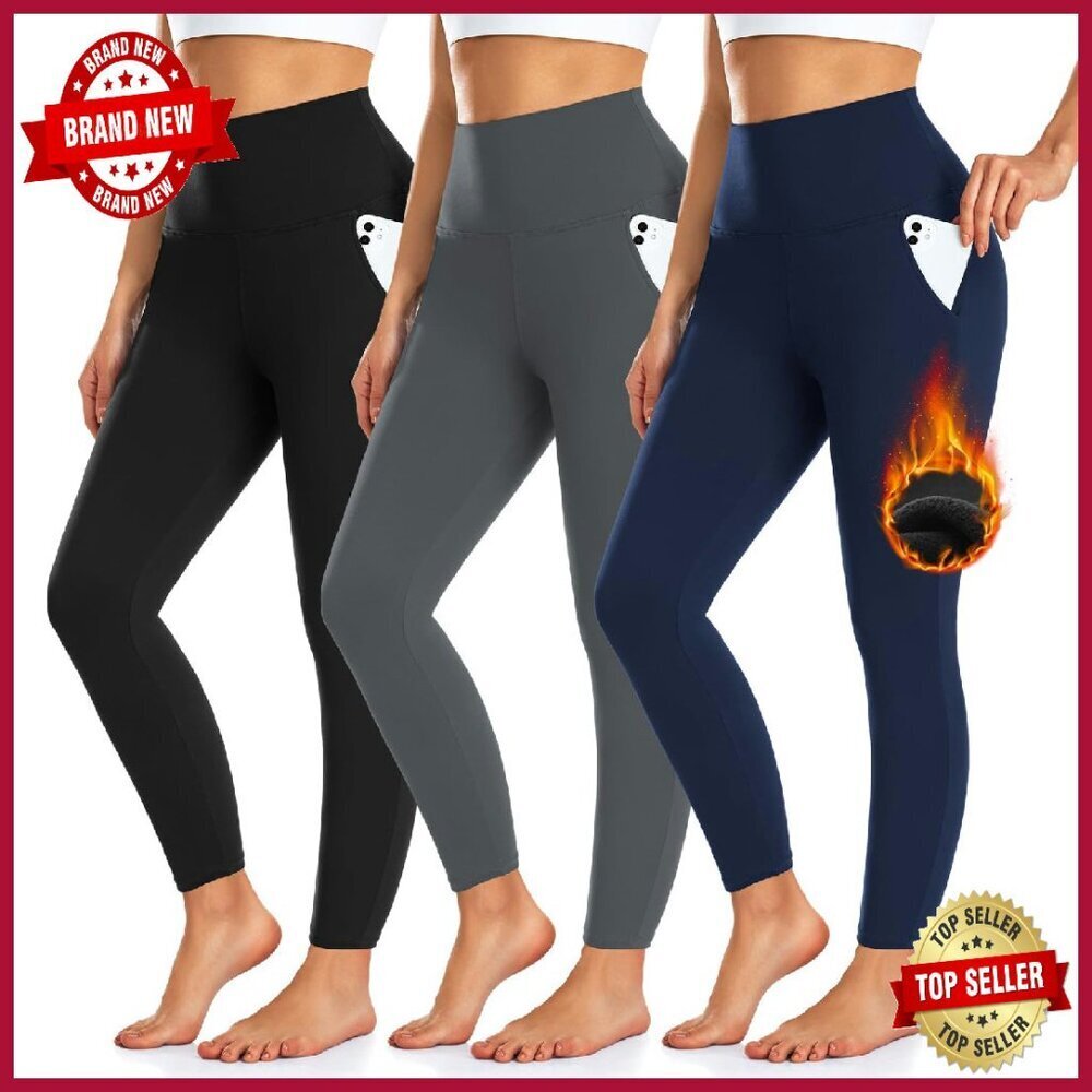 Fleece Lined Leggings with Pockets - Warm Winter Yoga Pants for Women